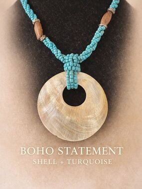 Boho Statement Shell Pendant Necklace with Turquoise Beaded Cord